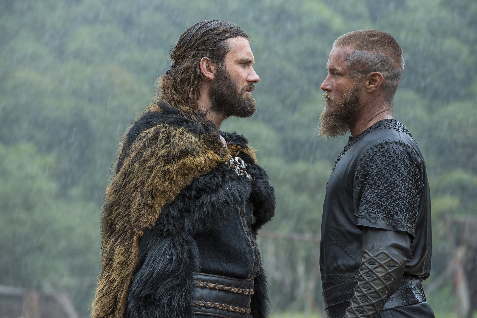 Clive Standen as Rollo and Travis Fimmel as Ragnar in The History Channel series Vikings